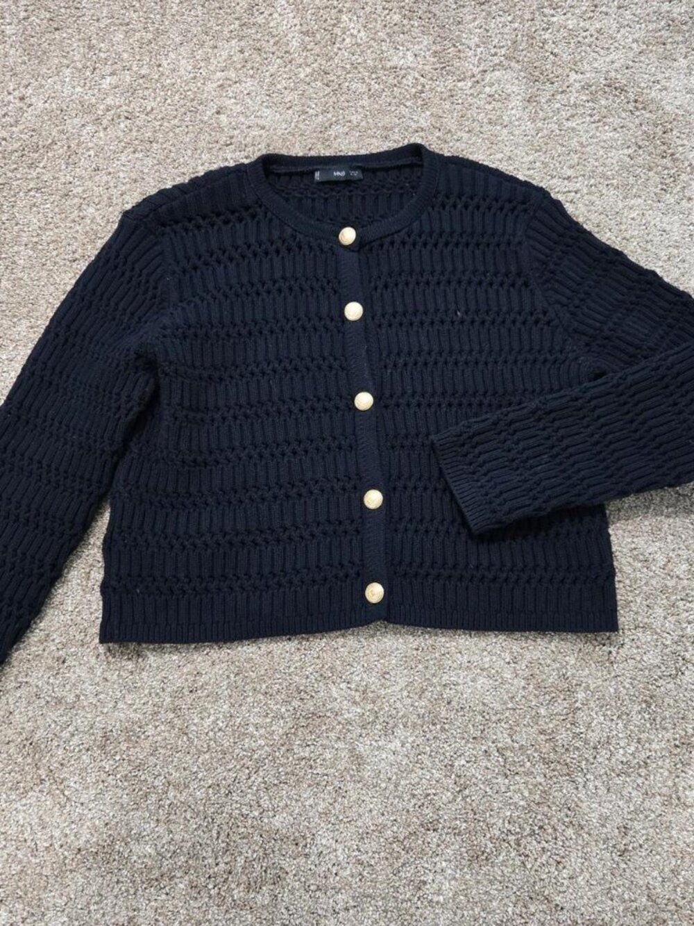 Mango Navy Blue Knit Button-Up Cardigan with Gold Buttons